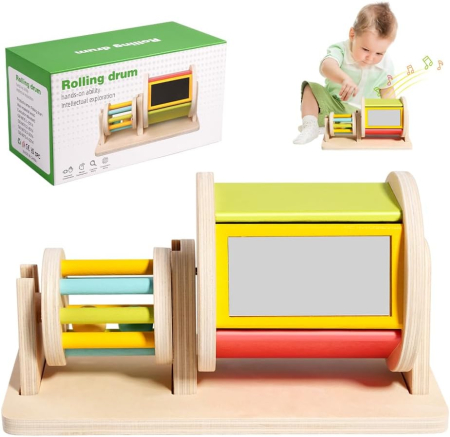 Jucarii din Lemn & Montessori - Tambur Rotativ Montessori Lemn 2 in 1 cu Oglinda