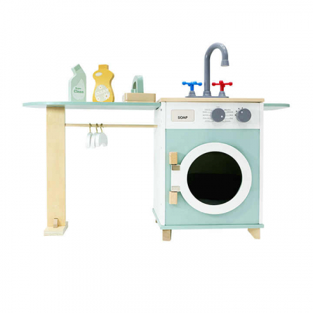 Bucatarii  de Jucarie(3 Ani+) - Jucarie Masina de Spalat din Lemn pentru Copii cu Accesorii – Uscator Fier de Calcat Detergent