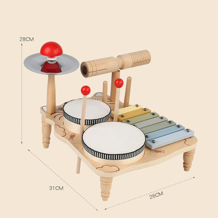 Set Muzical Copii 5 in 1 din Lemn — Tobe Xilofon Chimbal Guiro [5]