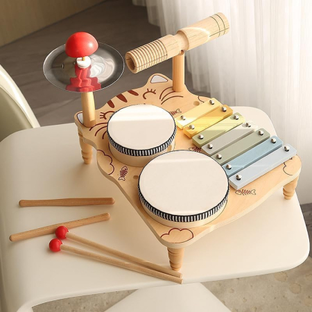 Set Muzical Copii 5 in 1 din Lemn — Tobe Xilofon Chimbal Guiro [2]
