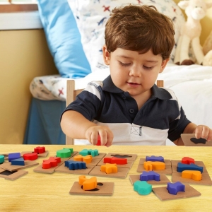 Jucarii din lemn si Montessori - Puzzle din Lemn Blocuri Colorate si Decupaje Pigloo
