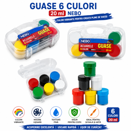Accesorii de Scoala - Acuarele 6 Culori, 20 ml, Nebo — Culori Vibrante