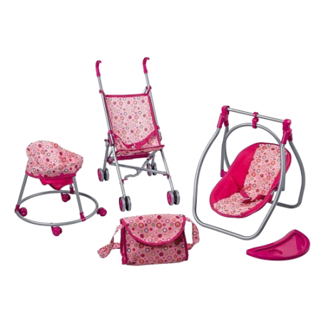 Papusi -Casute- Masute infrumusetare ( 3 ani +) - Set 4 Accesorii Pentru Papusi Carucior Premergator Leagan si Geanta
