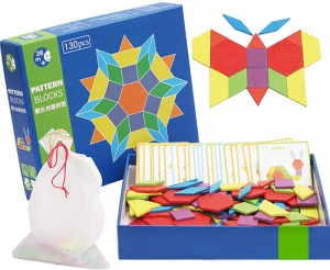Jucării Educative pentru Copii - Joc Educational din Lemn Tangram - Set 130 Piese cu Carduri de Design