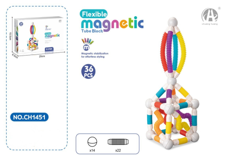 Jucarii Copii - Set STEM magnetic 36 piese, bile si tuburi flexibile colorate, jucarie educativa