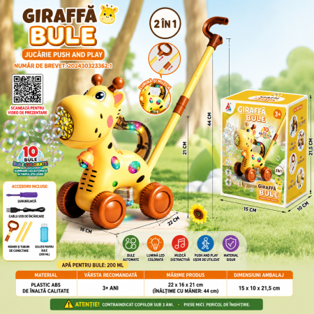Jucării exterior - Girafa Bule 2in1 Push and Play LED Muzica USB, 10 Orificii, 3 Ani+