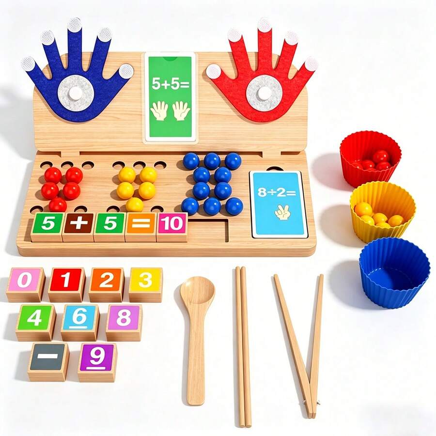 Jucarii din Lemn & Montessori - Set Matematica Montessori Bile  Maini Degete Mobile Lingura Lemn