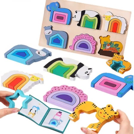 Jucarii desene animate( 3 ani +) - Puzzle din Lemn 3D Animale Curcubeu - Jucarie Educativa pentru Copii
