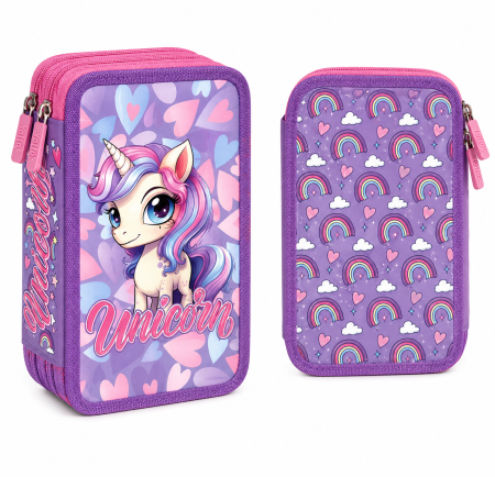 Penare copii - Penar Echipat Unicorn, 38 Piese, 3 Fermoare, Yollo