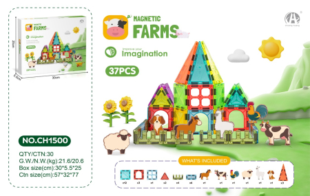 Jucarii - Set Magnetic Farms 37 Piese, Ferma cu Animale si Panouri 3D