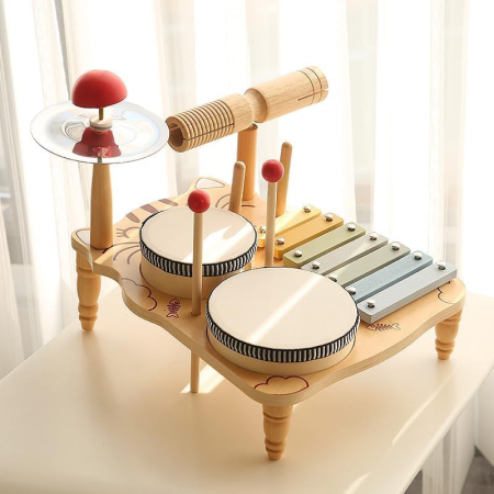 Jucarii din Lemn & Montessori - Set Muzical Copii 5 in 1 din Lemn — Tobe Xilofon Chimbal Guiro
