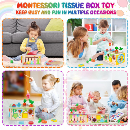 Cutie de Servetele Montessori 6 in 1 - Cub de Activitati Senzoriale din Lemn pentru Copii [5]