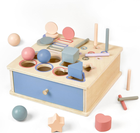 Jucarii din Lemn & Montessori - Cutie Permanentei Montessori 4 in 1 din Lemn, Sortare si Cuie