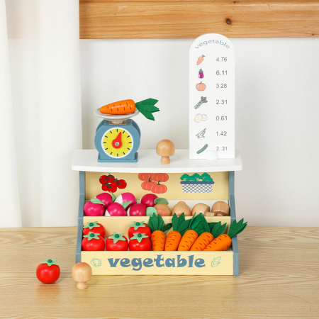 Jucarii din lemn si Montessori - Set de joaca din lemn cu taraba de legume si cantar – Joc educativ Montessori