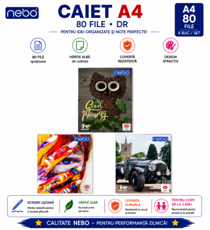 Accesorii de Scoala - Set 5 Caiete A4, 80 File, Dictando, Design Colorat