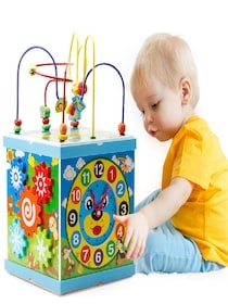 Jocuri educative (3 ani +) - Cub Multifunctional  Albastru din Lemn cu Joc Magnetic Montessori