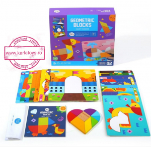 Jucarii din lemn si Montessori - Joc din Lemn Tangram Geometric Blocks cu Planse