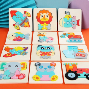Jucarii din lemn si Montessori - Mini Puzzle din lemn Animale si Vehicole 3d