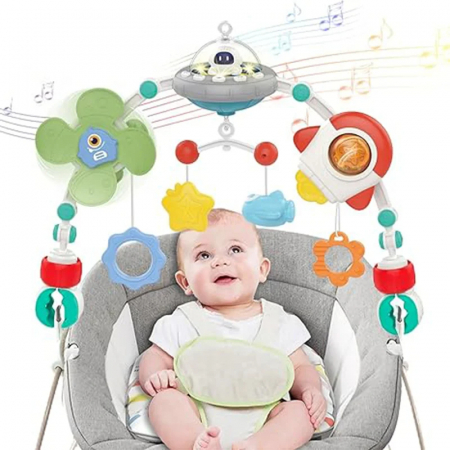Mobilier si accesorii - Arc Muzical pentru Bebelusi cu Astronaut Rotativ si Racheta - Jucarie Senzoriala Multicolora