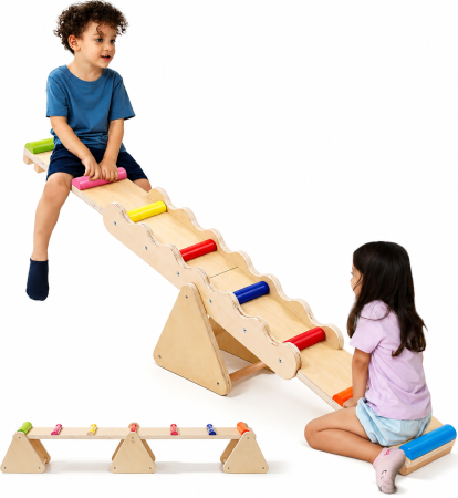 Jucarii din Lemn & Montessori - Balansoar din Lemn Multifunctional, Bara de Echilibru 2in1