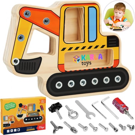 Set scule - Truse doctor copii ( 3 ani +) - Placa cu Suruburi Busy Board Montessori Tool Board  Excavatorul cu Suruburi