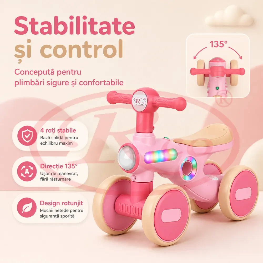 Bicicleta Echilibru Copii Ride-On Roz cu Lumini si Muzica, 4 Roti [5]