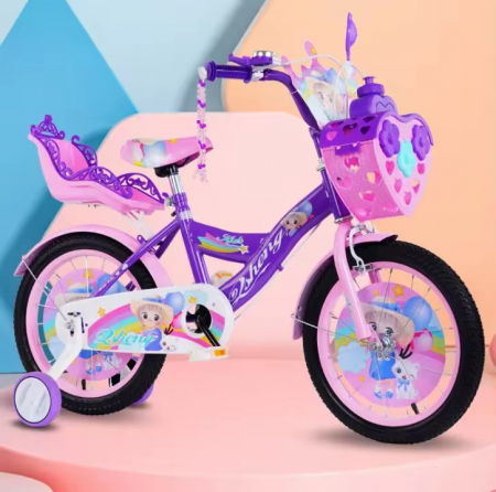 Masinute Biciclete cu si fara pedale - Bicicleta Mov 12 Inch 2-4 Ani Roti Ajutatoare, Cos, Scaunel Papusi
