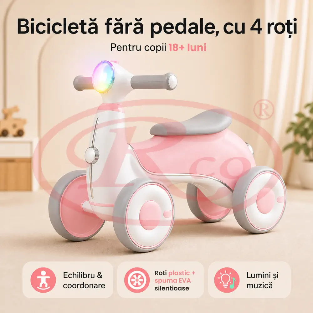 Bicicleta Roz de Echilibru Copii 4 Roti cu Lumini si Muzica, Ride-On [3]