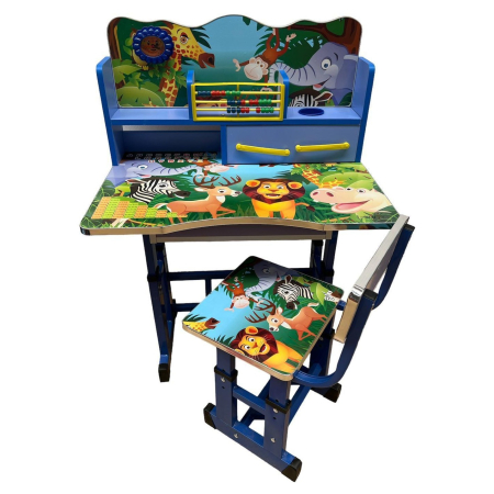 Camera copilului - Set Birou cu Scaun pentru Copii  Zoo, Bleu, Reglabil, cu Ceas, Abac si Sertar
