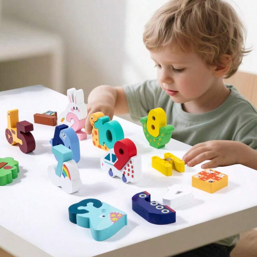Blocuri Cifre 1-10 din Lemn cu Animale, Puzzle Asociere [2]