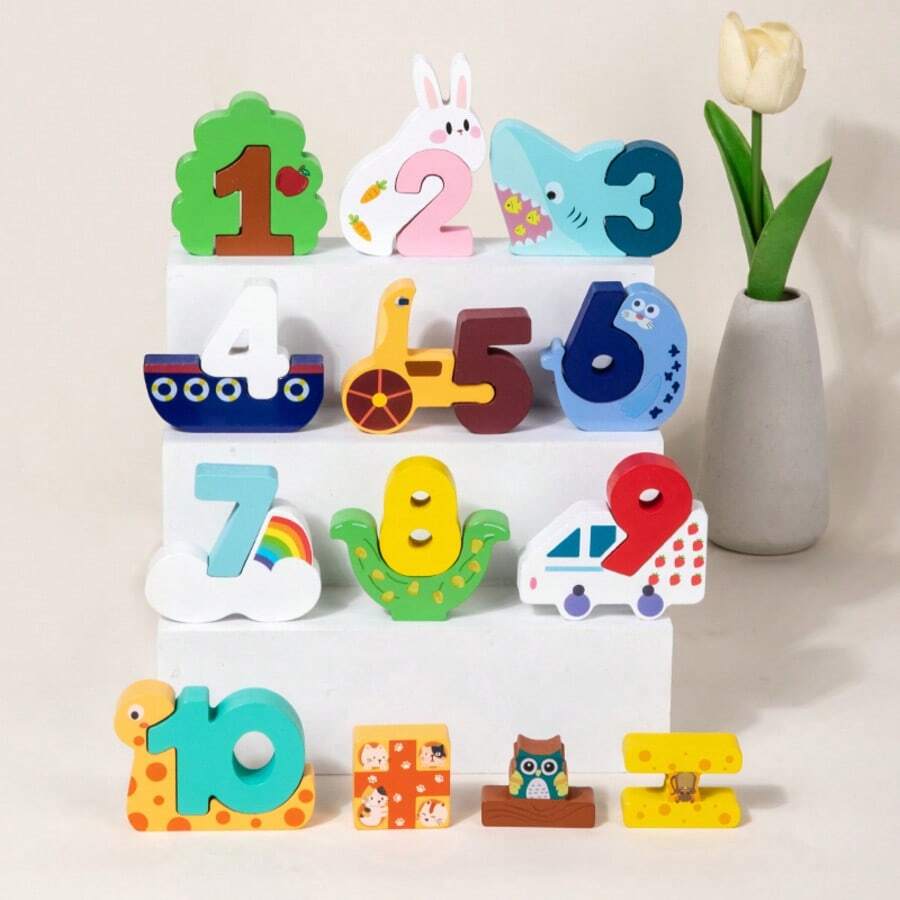 Blocuri Cifre 1-10 din Lemn cu Animale, Puzzle Asociere [1]