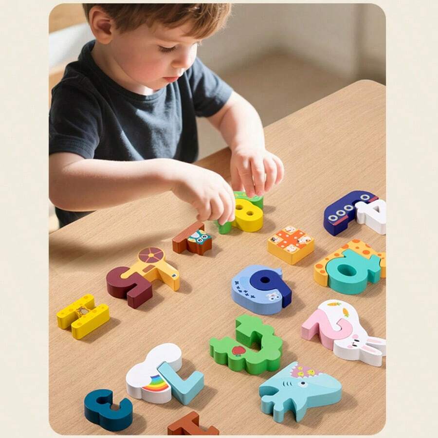 Blocuri Cifre 1-10 din Lemn cu Animale, Puzzle Asociere [4]