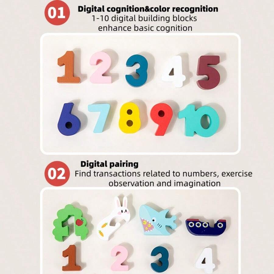 Blocuri Cifre 1-10 din Lemn cu Animale, Puzzle Asociere [5]
