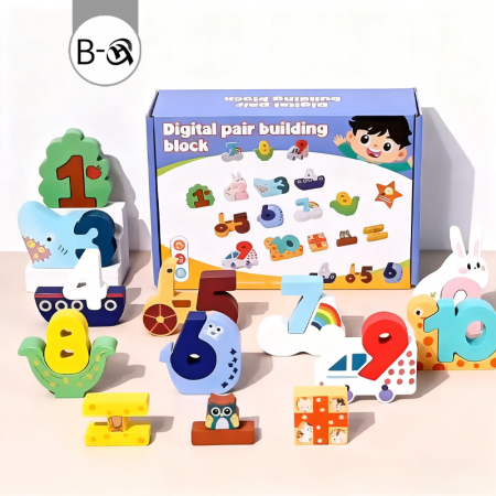 Jucarii din Lemn & Montessori - Blocuri Cifre 1-10 din Lemn cu Animale, Puzzle Asociere