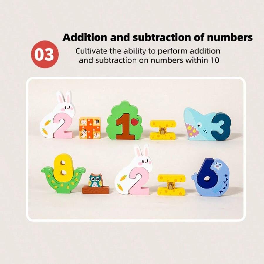 Blocuri Cifre 1-10 din Lemn cu Animale, Puzzle Asociere [6]