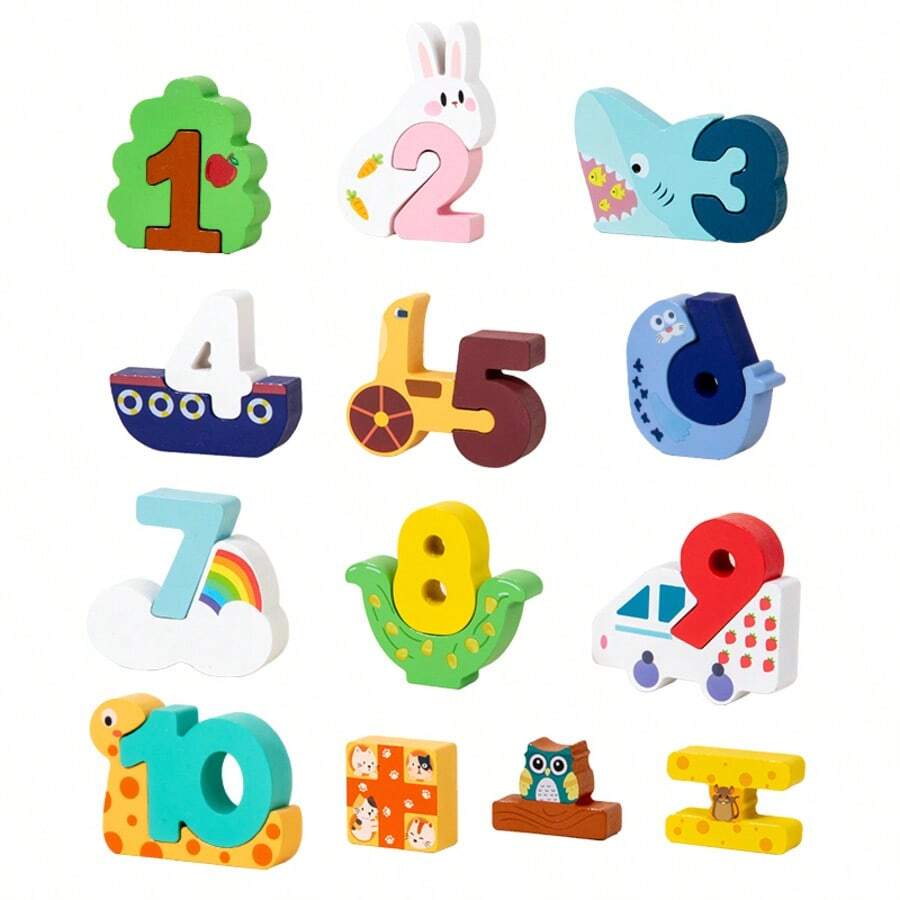 Blocuri Cifre 1-10 din Lemn cu Animale, Puzzle Asociere [8]