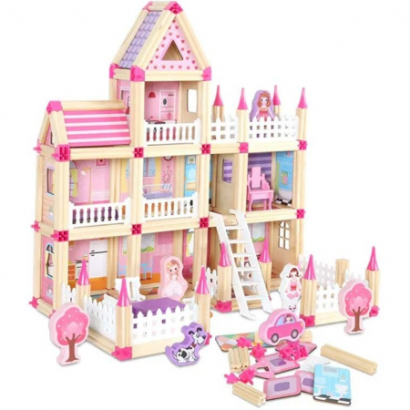 Jocuri creative (3 ani +) - Blocuri de Construit din Lemn - Joc de Ansamblare 3D cu 278 Piese Roz