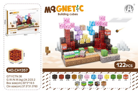Cuburi de construit - lego - cuburi lemn - Blocuri Magnetice de Constructie 122 Piese, Cuburi STEM Pixelate