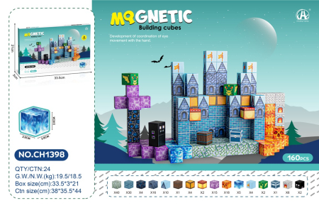 Jucarii - Blocuri Magnetice de Constructie 160 Piese, Cuburi STEM Pixelate Castel