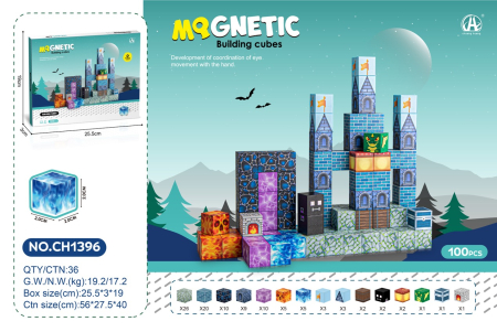 Cuburi de construit - lego - cuburi lemn - Blocuri Magnetice de Constructie 100 Piese, Cuburi STEM Pixelate Castel