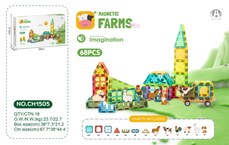 Cuburi de construit - lego - cuburi lemn - Blocuri Magnetice Ferma 68 Piese, Joc STEM cu Animale si Constructii 3D
