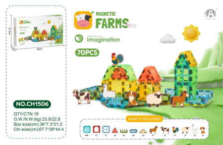 Cuburi de construit - lego - cuburi lemn - Blocuri Magnetice Ferma 70 Piese, Joc STEM cu Animale si Constructii 3D