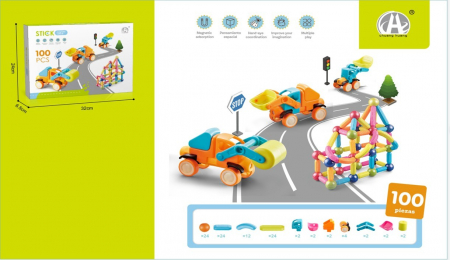 Jocuri creative (3 ani +) - Blocuri Magnetice pentru Constructii – Set Creativ cu Baza Magnetica pentru Camion 100 piese