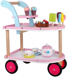 Jucarii din lemn si Montessori - Carucior Inghetata din Lemn cu Accesorii – Masuta Mobila pentru Joc de Rol