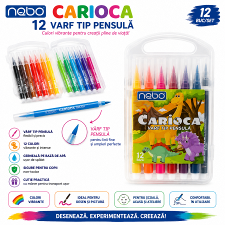 Accesorii de Scoala - Carioca Varf Tip Pensula, 12 Culori/set, Nebo