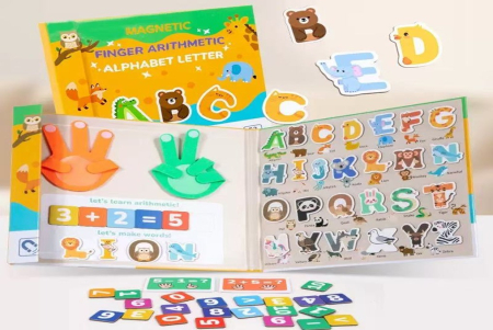 Jucarii din Lemn & Montessori - Carte Magnetica Montessori Alfabet + Matematica, 26 Piese, 3 Ani+