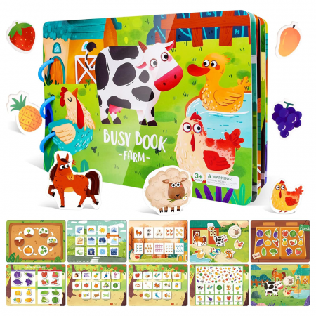 Accesorii de scris si colorat - Carte Montessori cu activitati educative Stickere reutilizabile in limba engleza Ferma Busy Book