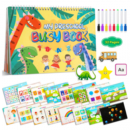 Accesorii de scris si colorat - Carte montessori  multiple activitatii stickere reutilizabile in limba engleza
