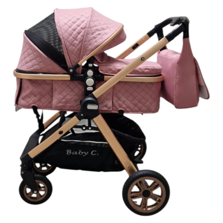Carucior 2 in 1 Baby Care Nou-Nascuti, Landou Transformabil, Maner Reversibil, Geanta – Roz [4]