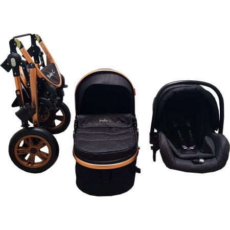 Carucior nou nascuti 3 in 1 Baby Care™  Geanta Bebe Landou, Scoica Auto, Plasa Insecte, Negru [1]